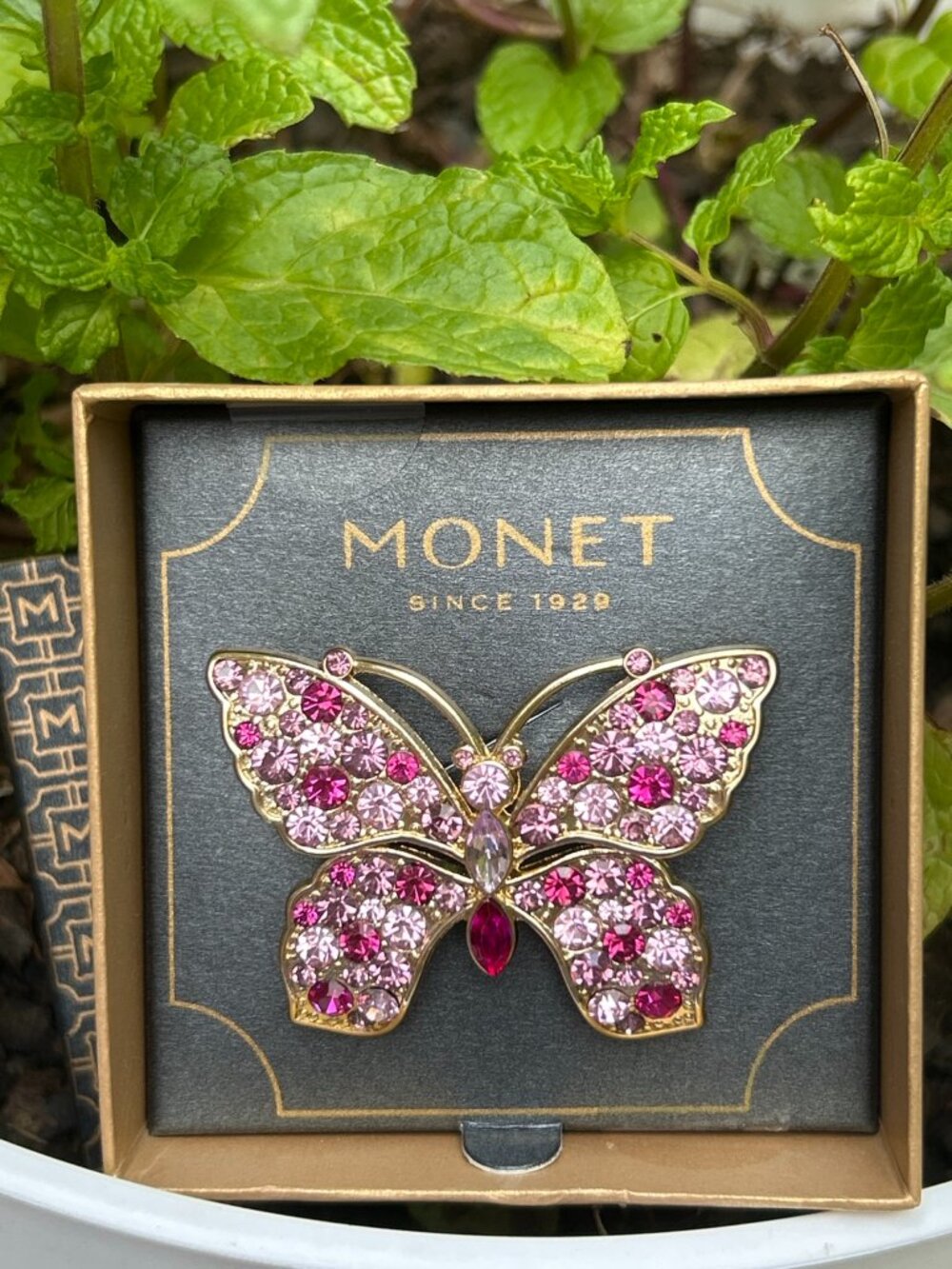 Signed Monet Pink Rhinestone Butterfly Brooch Pin w/ Original Box